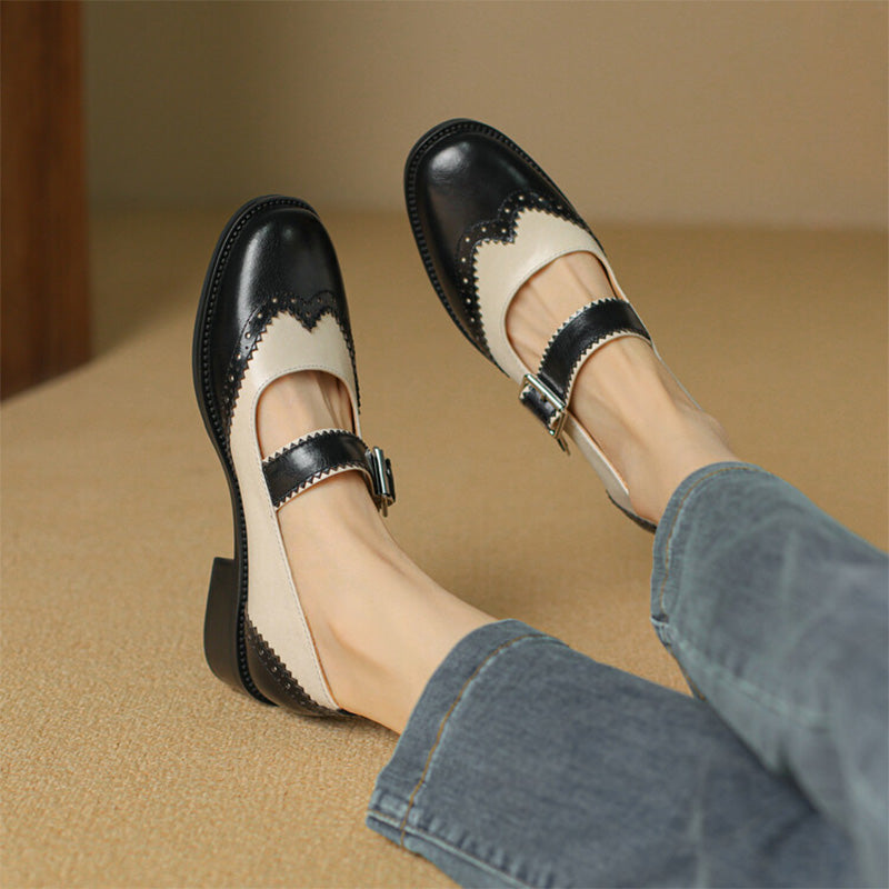 Handmade Two-Tone Leather Brogue Mary Jane Shoes for Women in Dark Brown/Black
