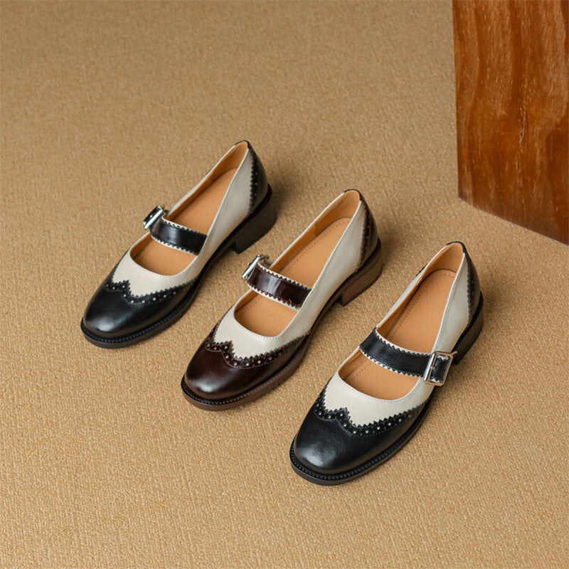Handmade Two-Tone Leather Brogue Mary Jane Shoes for Women in Dark Brown/Black