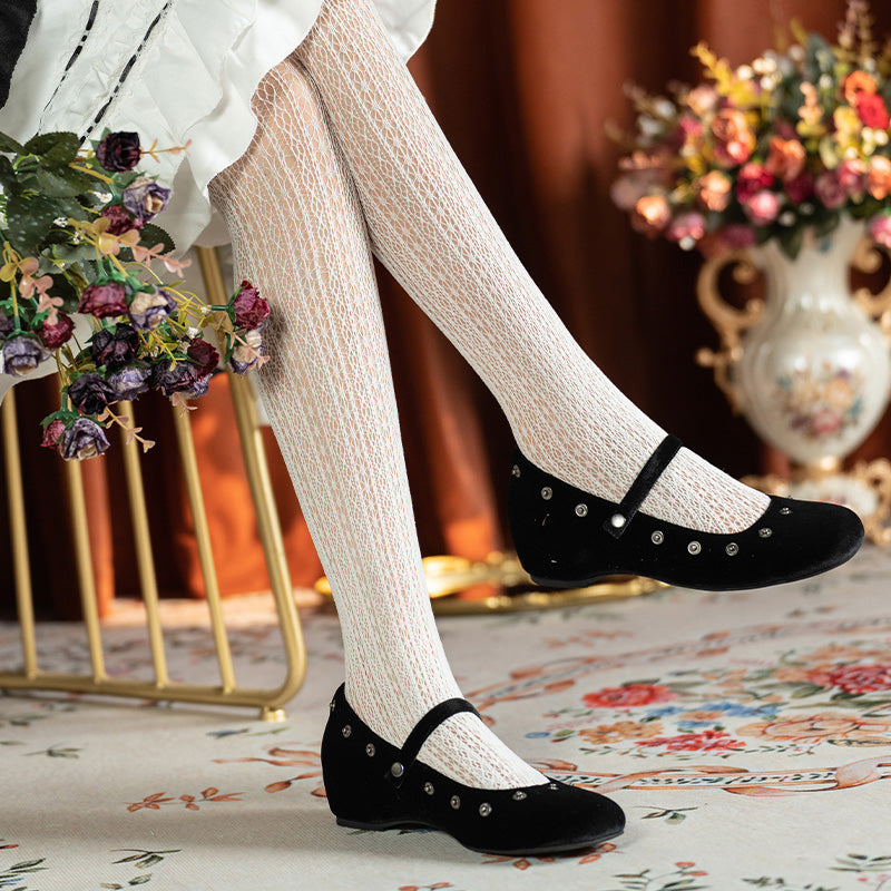 Handmade Velvet Mary Jane Ballet Flats Vintage Detachable Bow DIY Shoes in Black