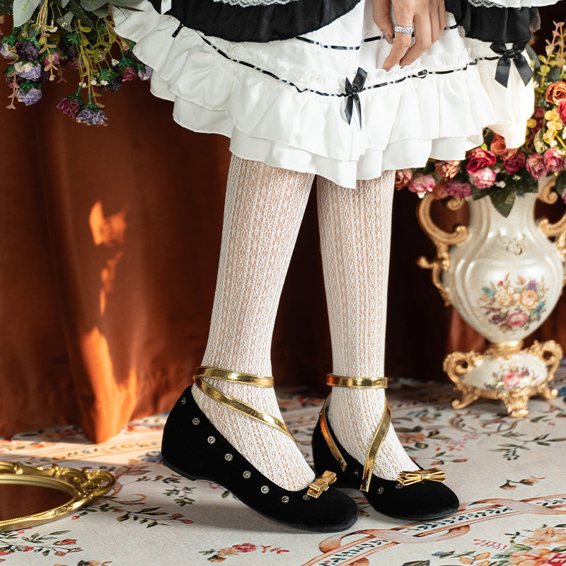 Handmade Velvet Mary Jane Ballet Flats Vintage Detachable Bow DIY Shoes in Black
