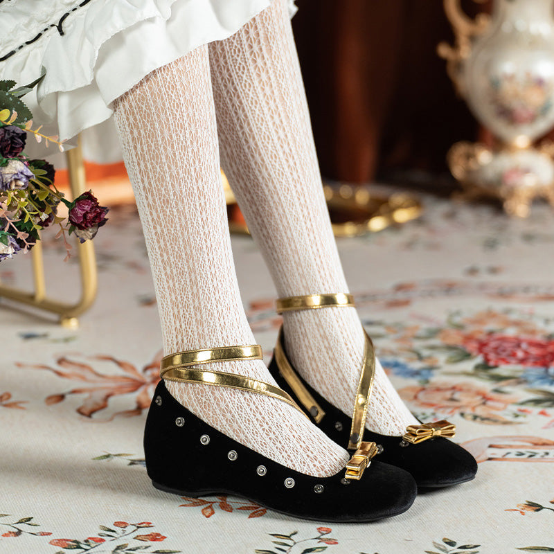 Handmade Velvet Mary Jane Ballet Flats Vintage Detachable Bow DIY Shoes in Black