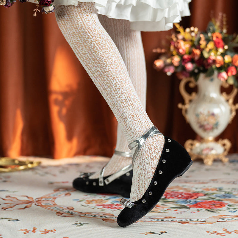 Handmade Velvet Mary Jane Ballet Flats Vintage Detachable Bow DIY Shoes in Black