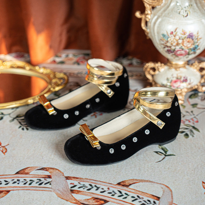 Handmade Velvet Mary Jane Ballet Flats Vintage Detachable Bow DIY Shoes in Black
