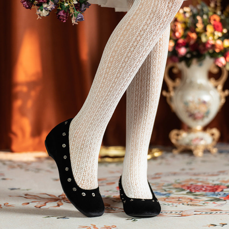 Handmade Velvet Mary Jane Ballet Flats Vintage Detachable Bow DIY Shoes in Black
