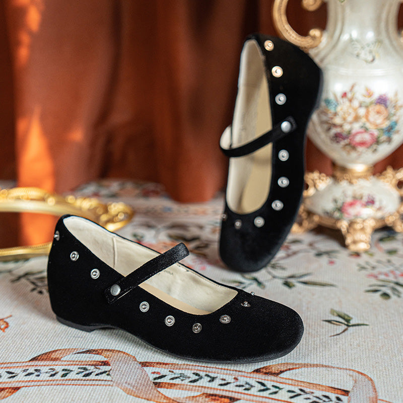 Handmade Velvet Mary Jane Ballet Flats Vintage Detachable Bow DIY Shoes in Black