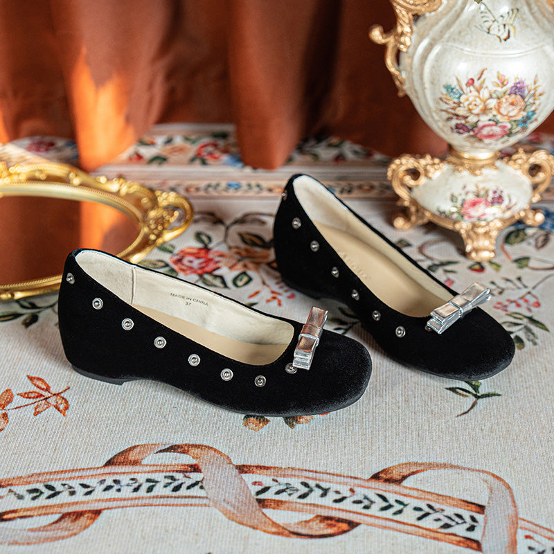 Handmade Velvet Mary Jane Ballet Flats Vintage Detachable Bow DIY Shoes in Black