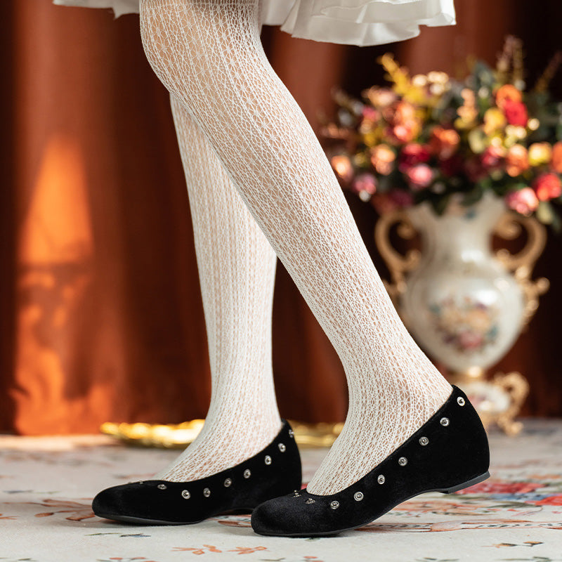 Handmade Velvet Mary Jane Ballet Flats Vintage Detachable Bow DIY Shoes in Black