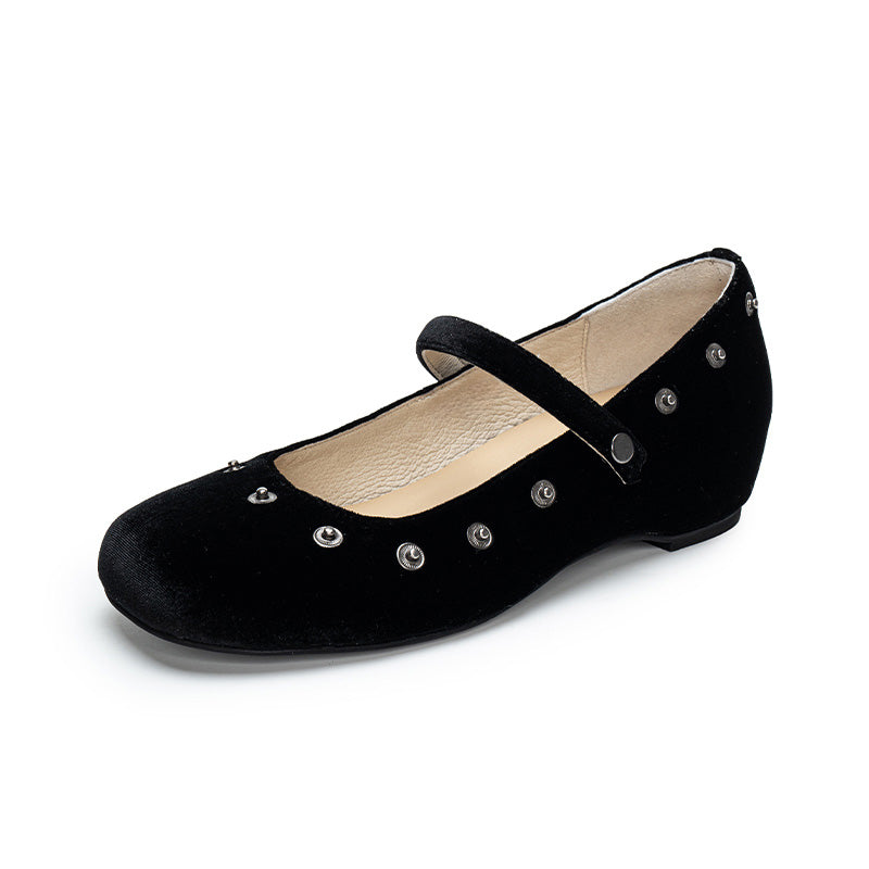 Handmade Velvet Mary Jane Ballet Flats Vintage Detachable Bow DIY Shoes in Black