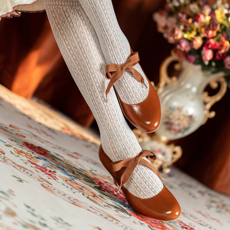 Handmade Victorian Ribbon Tie Mary Jane Heels Vintage Leather Waxing Cowhide Pumps in Cognac
