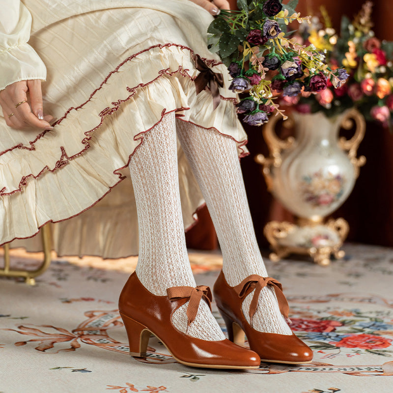 Handmade Victorian Ribbon Tie Mary Jane Heels Vintage Leather Waxing Cowhide Pumps in Cognac