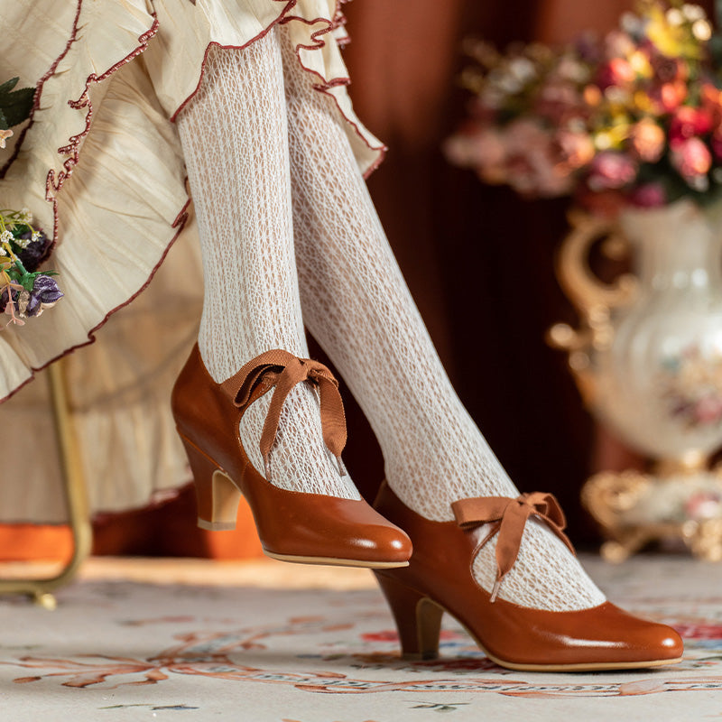 Handmade Victorian Ribbon Tie Mary Jane Heels Vintage Leather Waxing Cowhide Pumps in Cognac