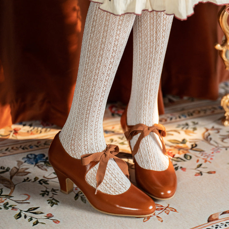 Handmade Victorian Ribbon Tie Mary Jane Heels Vintage Leather Waxing Cowhide Pumps in Cognac