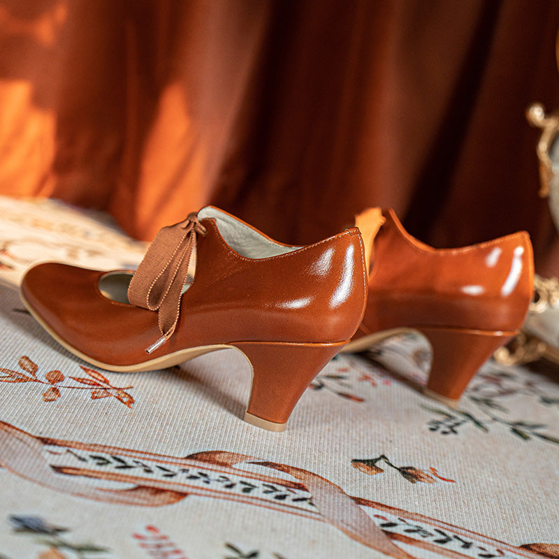 Handmade Victorian Ribbon Tie Mary Jane Heels Vintage Leather Waxing Cowhide Pumps in Cognac