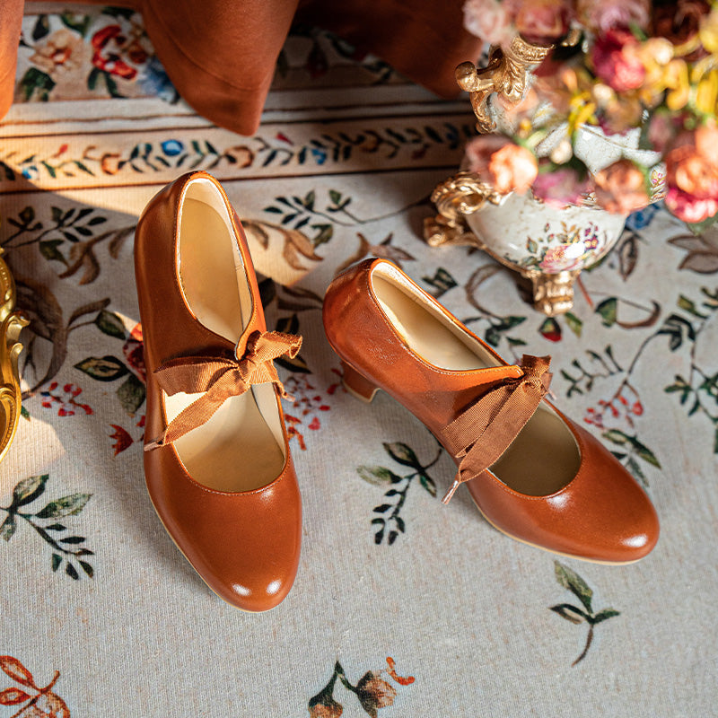 Handmade Victorian Ribbon Tie Mary Jane Heels Vintage Leather Waxing Cowhide Pumps in Cognac