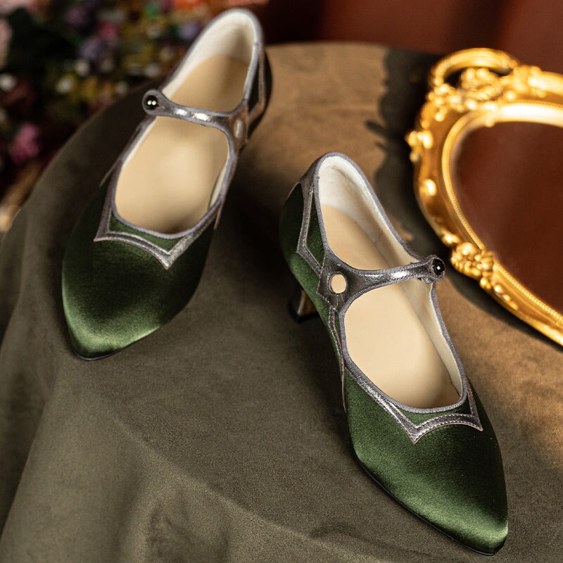 Handmade Vintage 50mm Mary Jane Pumps for Women Two-Tone Satin & Leather in Golden/Olive Green