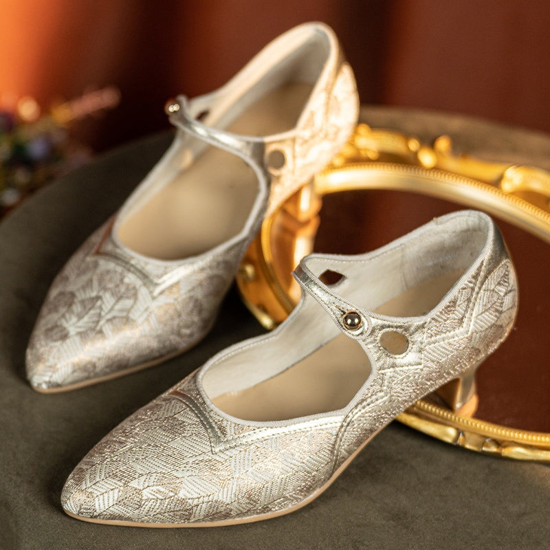 Handmade Vintage 50mm Mary Jane Pumps for Women Two-Tone Satin & Leather in Golden/Olive Green
