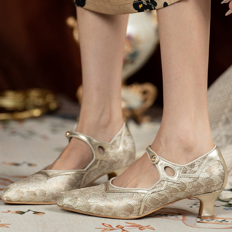 Handmade Vintage 50mm Mary Jane Pumps for Women Two-Tone Satin & Leather in Golden/Olive Green