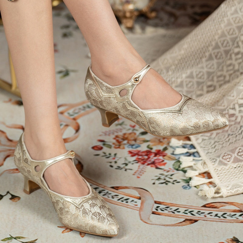 Handmade Vintage 50mm Mary Jane Pumps for Women Two-Tone Satin & Leather in Golden/Olive Green