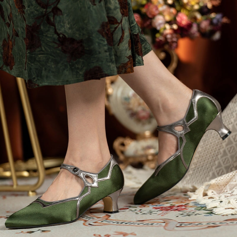 Handmade Vintage 50mm Mary Jane Pumps for Women Two-Tone Satin & Leather in Golden/Olive Green