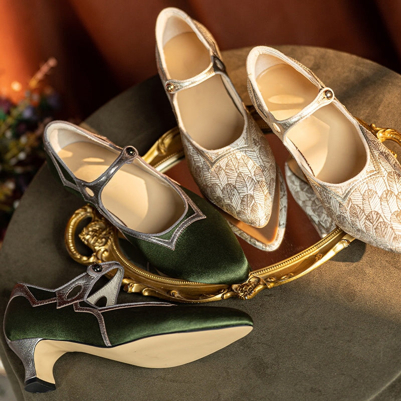 Handmade Vintage 50mm Mary Jane Pumps for Women Two-Tone Satin & Leather in Golden/Olive Green
