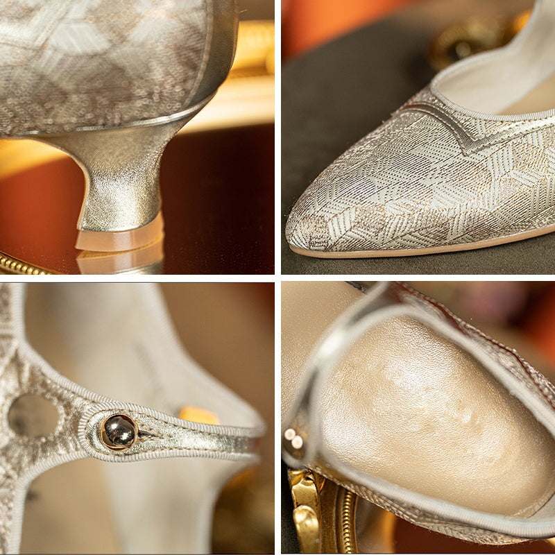 Handmade Vintage 50mm Mary Jane Pumps for Women Two-Tone Satin & Leather in Golden/Olive Green