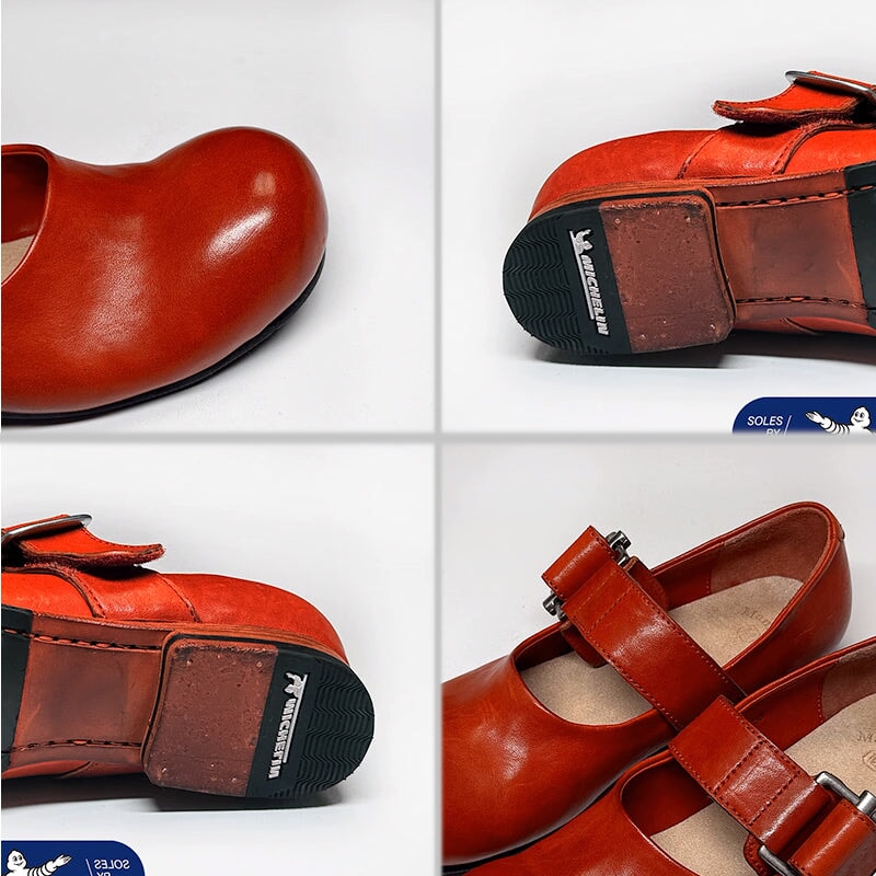 Handmade Vintage Big Toe Round Horse Leather Mary Jane Shoes with Buckle in Red/Black