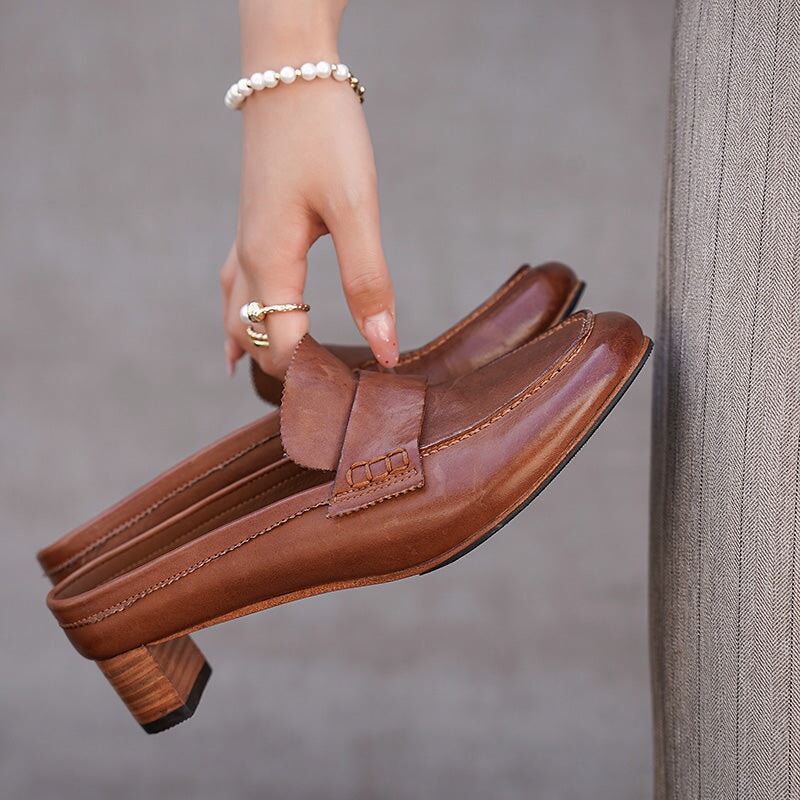 Handmade Vintage Horse Leather Penny Loafer Mules in Black/Red/Brown