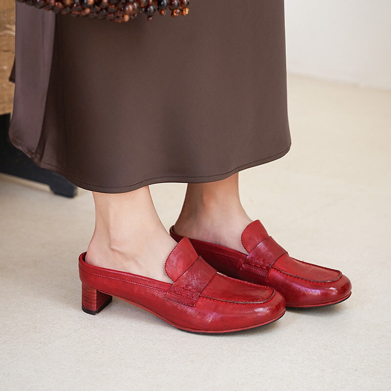 Handmade Vintage Horse Leather Penny Loafer Mules in Black/Red/Brown