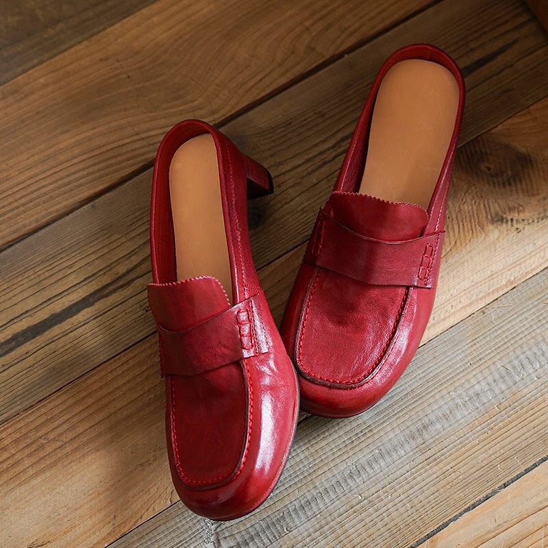 Handmade Vintage Horse Leather Penny Loafer Mules in Black/Red/Brown