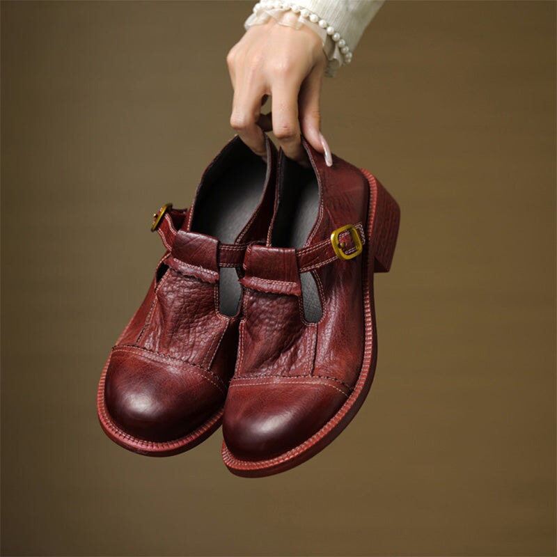 Handmade Vintage Horse Leather T-Strap Mary Jane Shoes in Black/Brown/Wine Red