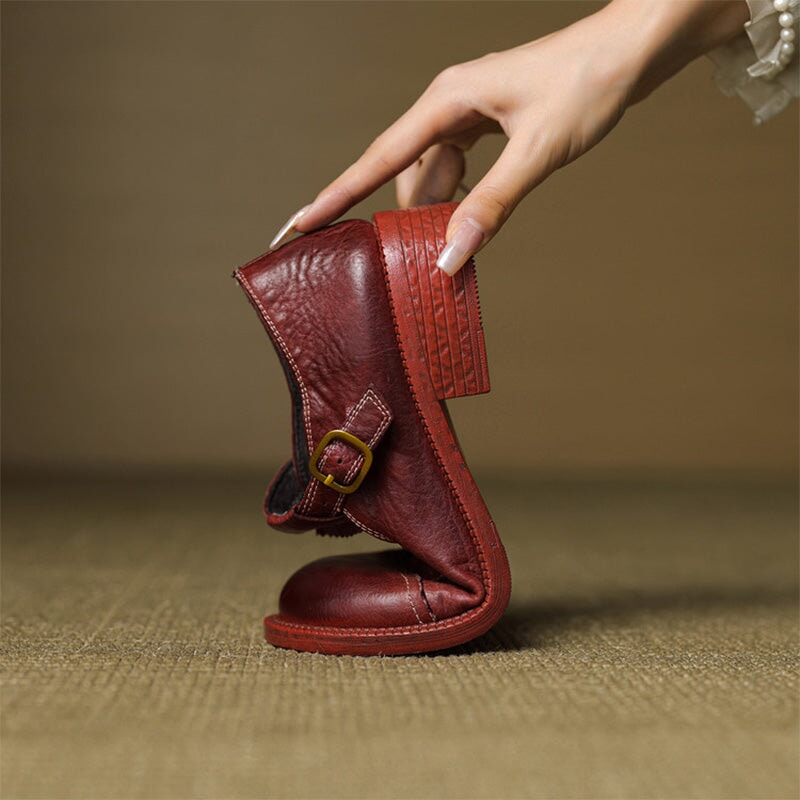 Handmade Vintage Horse Leather T-Strap Mary Jane Shoes in Black/Brown/Wine Red