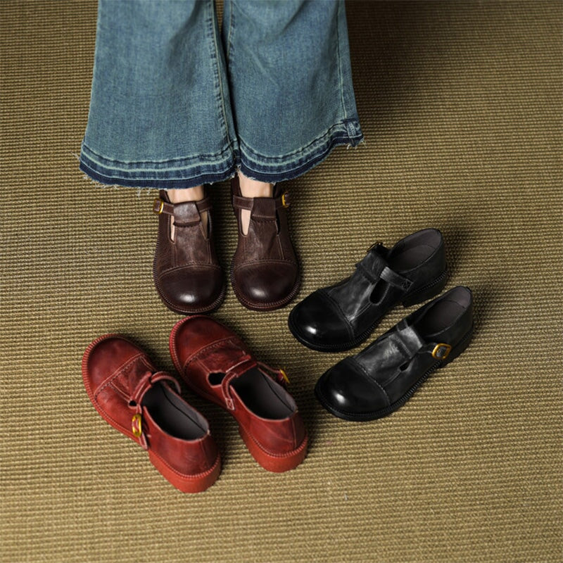Handmade Vintage Horse Leather T-Strap Mary Jane Shoes in Black/Brown/Wine Red