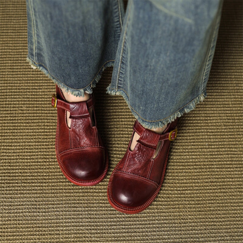 Handmade Vintage Horse Leather T-Strap Mary Jane Shoes in Black/Brown/Wine Red