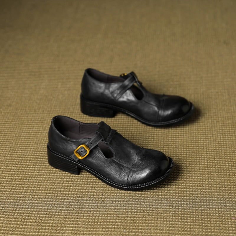 Handmade Vintage Horse Leather T-Strap Mary Jane Shoes in Black/Brown/Wine Red