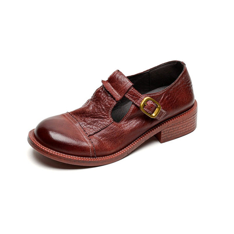 Handmade Vintage Horse Leather T-Strap Mary Jane Shoes in Black/Brown/Wine Red