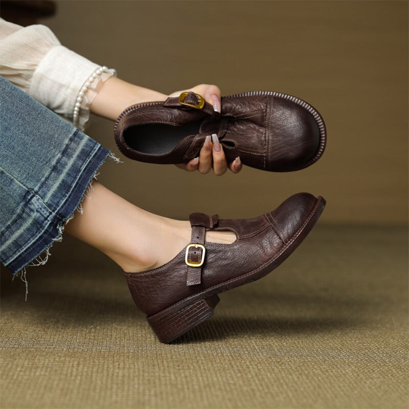Handmade Vintage Horse Leather T-Strap Mary Jane Shoes in Black/Brown/Wine Red