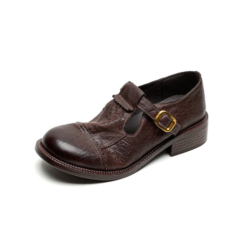Handmade Vintage Horse Leather T-Strap Mary Jane Shoes in Black/Brown/Wine Red