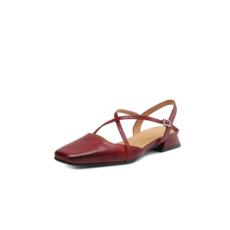 Handmade Vintage Leather Cross Straps Slingback Sandals in Apricot/Purple/Wine Red