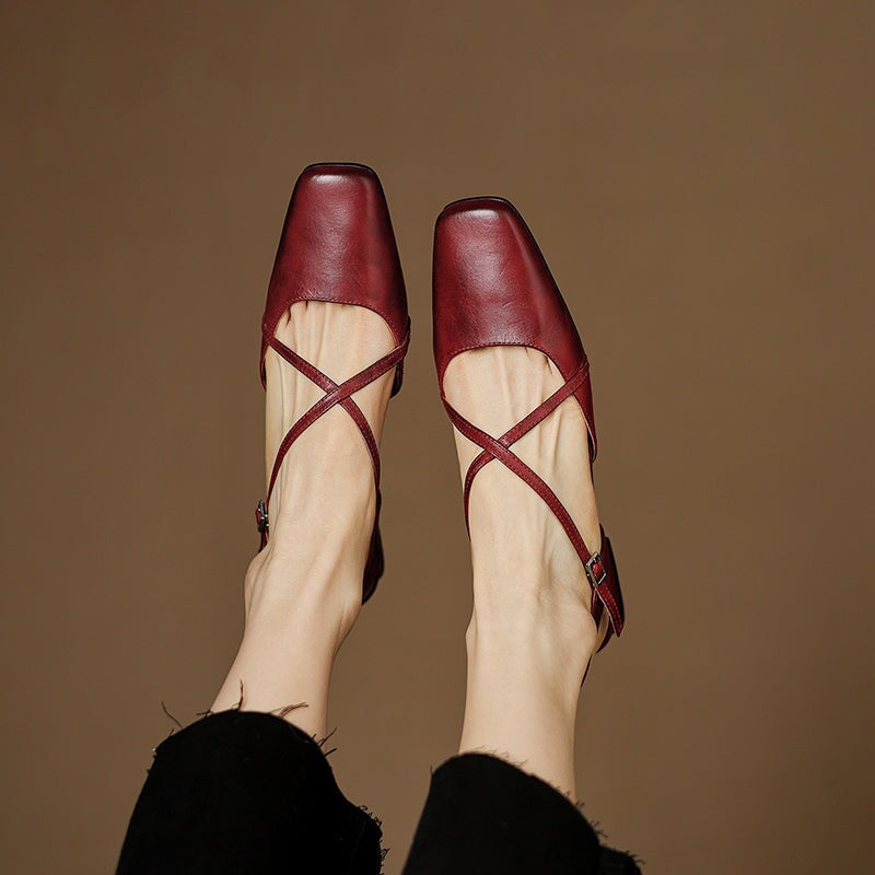 Handmade Vintage Leather Cross Straps Slingback Sandals in Apricot/Purple/Wine Red