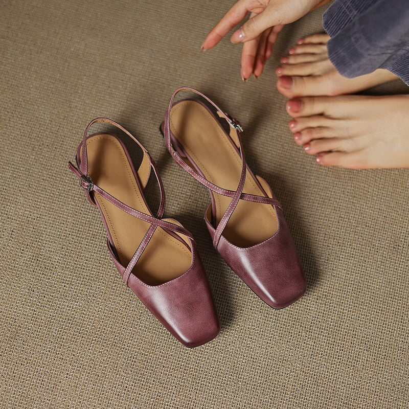 Handmade Vintage Leather Cross Straps Slingback Sandals in Apricot/Purple/Wine Red