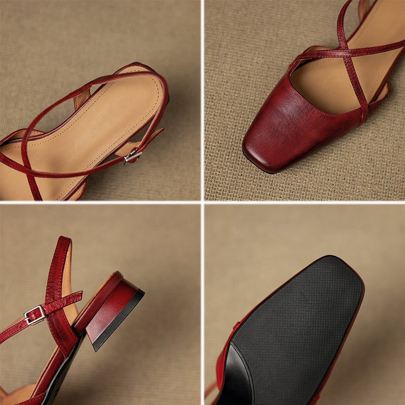 Handmade Vintage Leather Cross Straps Slingback Sandals in Apricot/Purple/Wine Red