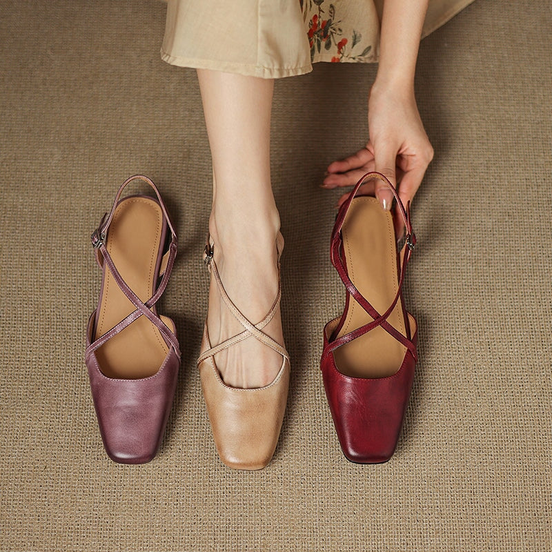 Handmade Vintage Leather Cross Straps Slingback Sandals in Apricot/Purple/Wine Red