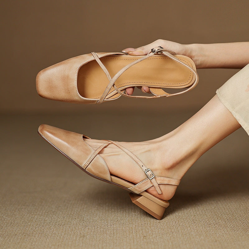 Handmade Vintage Leather Cross Straps Slingback Sandals in Apricot/Purple/Wine Red