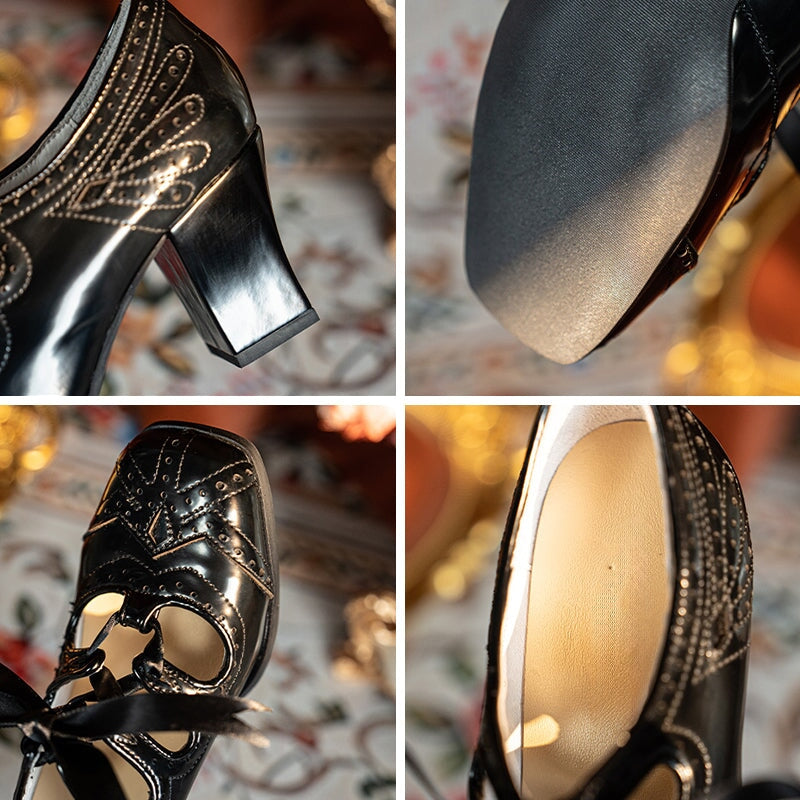Handmade Vintage Leather Mary Jane Pumps for Women Retro Brogue Lace-Up Square Toe Shoes in Beige/Black