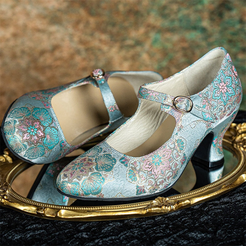 Handmade Vintage Mary Jane Jacquard Fabric Pumps Elegant Eastern Style Cheongsam Shoes in Pink/Blue/Beige