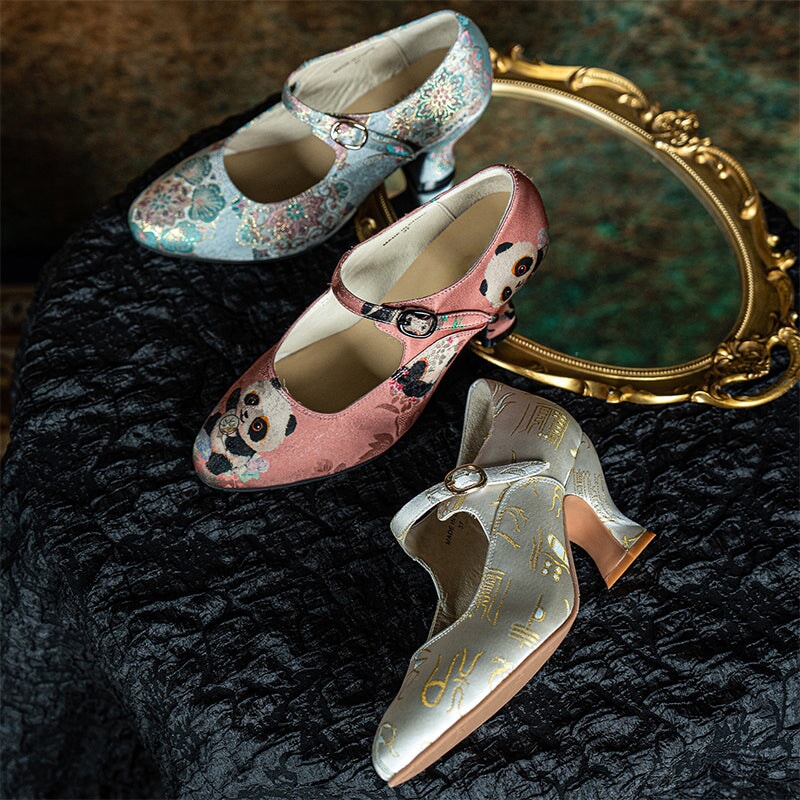 Handmade Vintage Mary Jane Jacquard Fabric Pumps Elegant Eastern Style Cheongsam Shoes in Pink/Blue/Beige