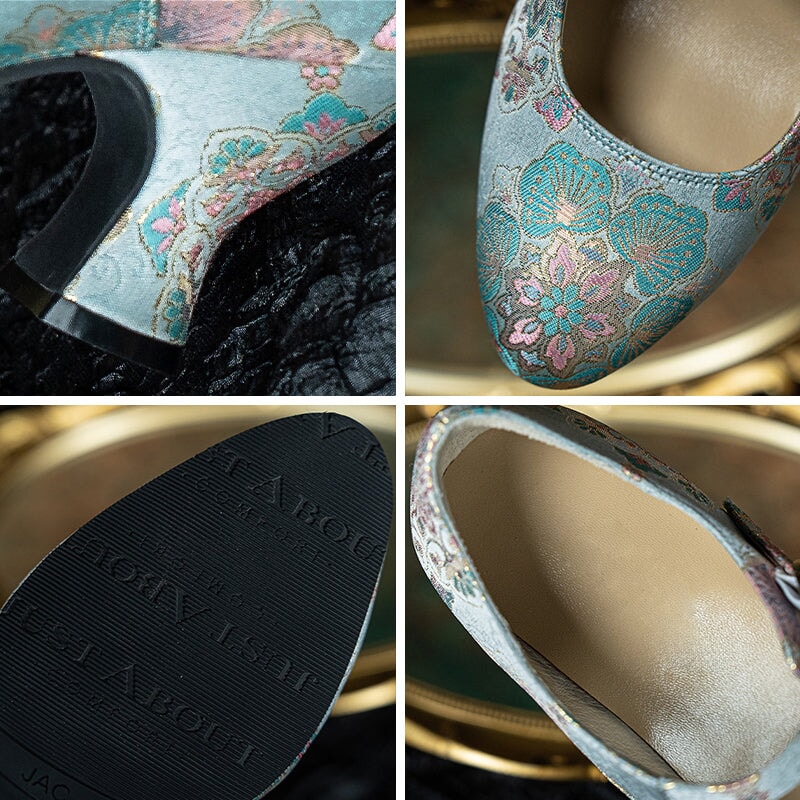 Handmade Vintage Mary Jane Jacquard Fabric Pumps Elegant Eastern Style Cheongsam Shoes in Pink/Blue/Beige