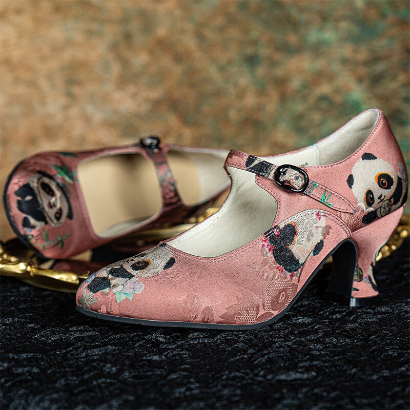 Handmade Vintage Mary Jane Jacquard Fabric Pumps Elegant Eastern Style Cheongsam Shoes in Pink/Blue/Beige