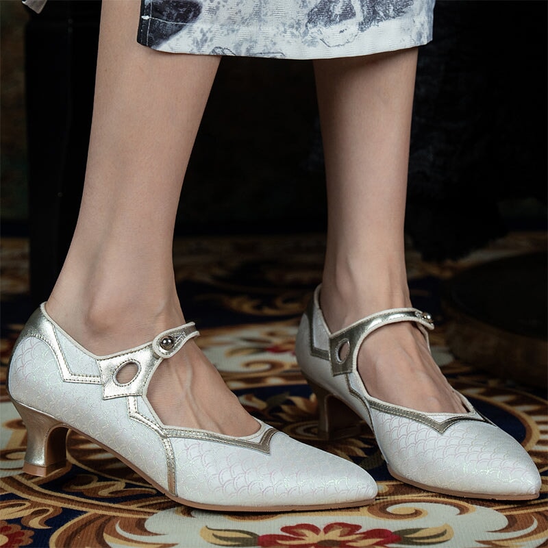 Handmade Vintage Mary Jane Jacquard Leather Pumps Eastern Cheongsam Shoes in Black/White/Blue