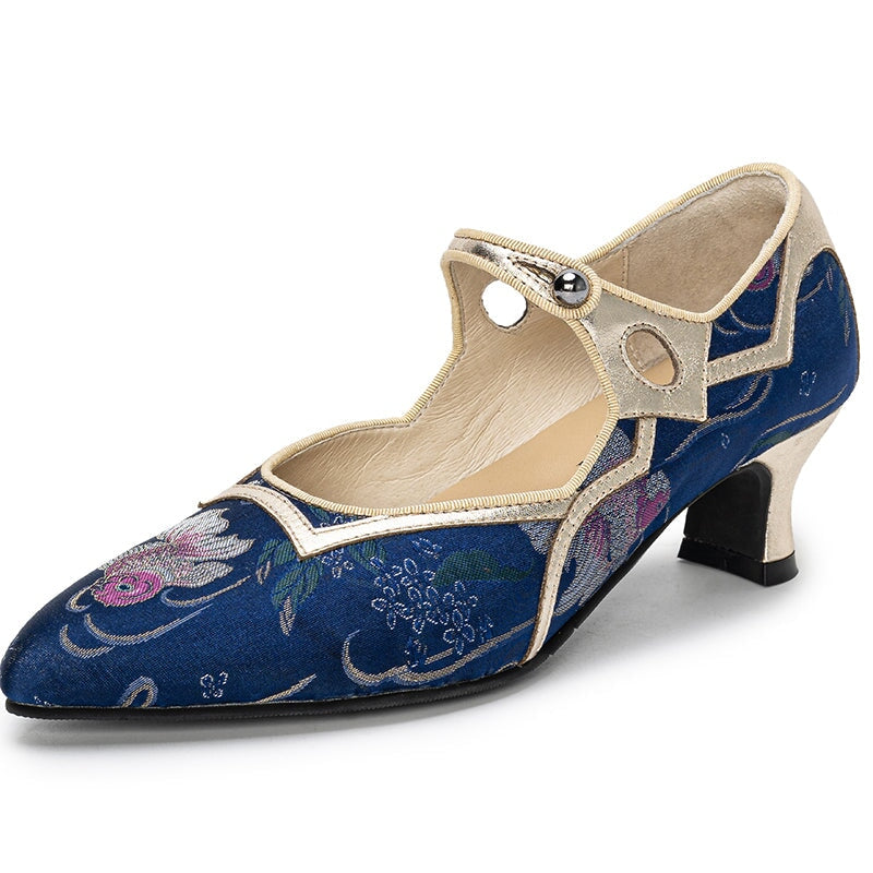 Handmade Vintage Mary Jane Jacquard Leather Pumps Eastern Cheongsam Shoes in Black/White/Blue